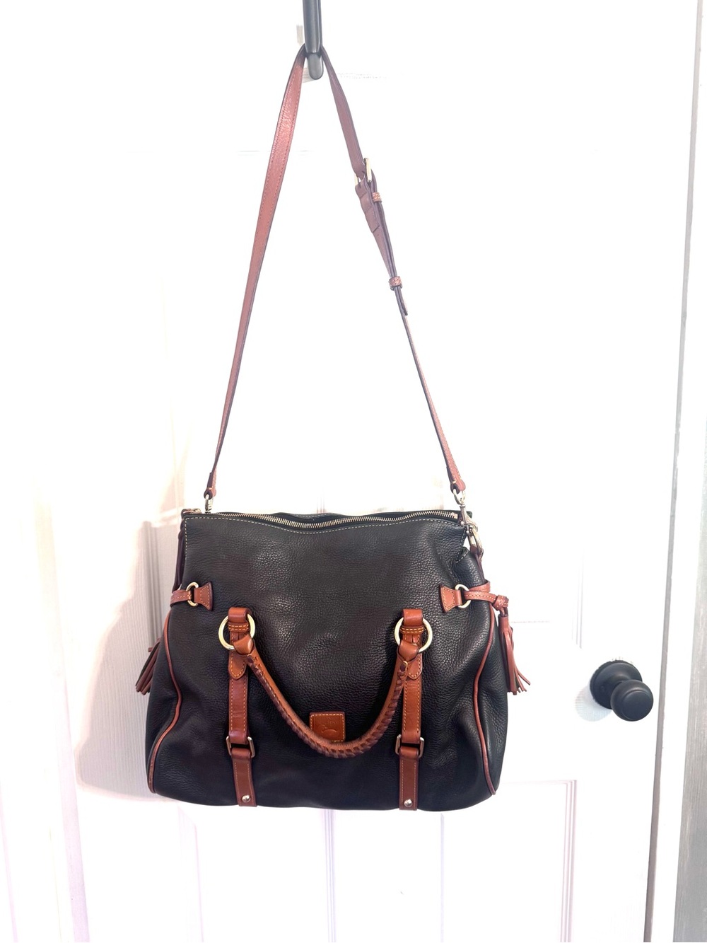 Dooney & Bourke Large Black Leather Satchel with Brown Trim - Picture 12 of 12